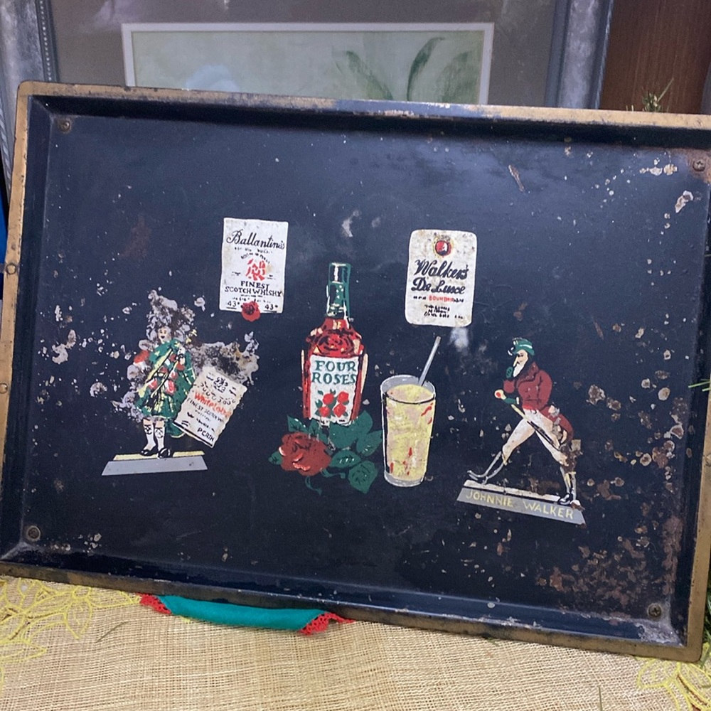 Vintage How Dry I Am Steel Bar Tray  W/ Name Brand Whisky Illustrations